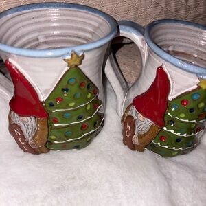 Muddworkd pottery Whimsical Christmas Tree and Gnome Mugs set of 2